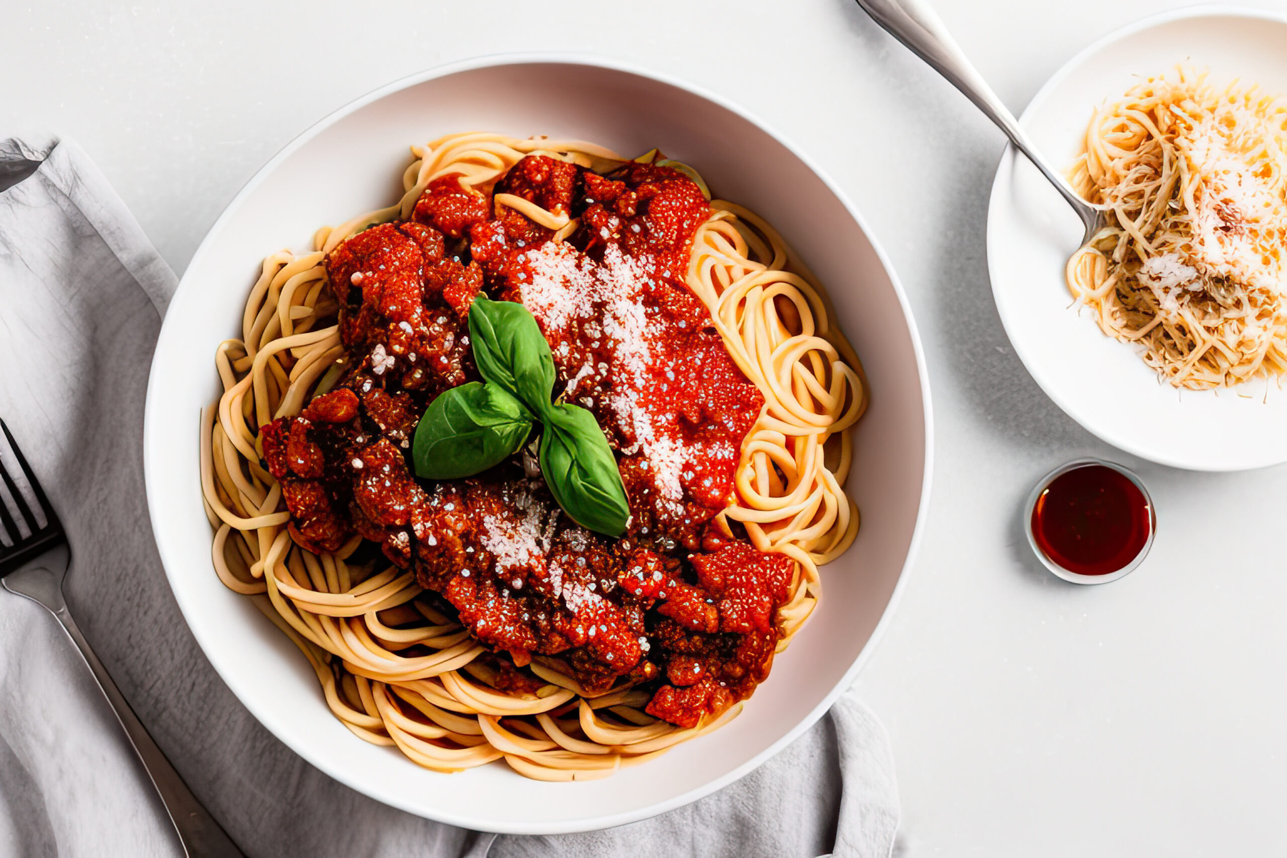 spaghetti pasta with tomato sauce in white bowl